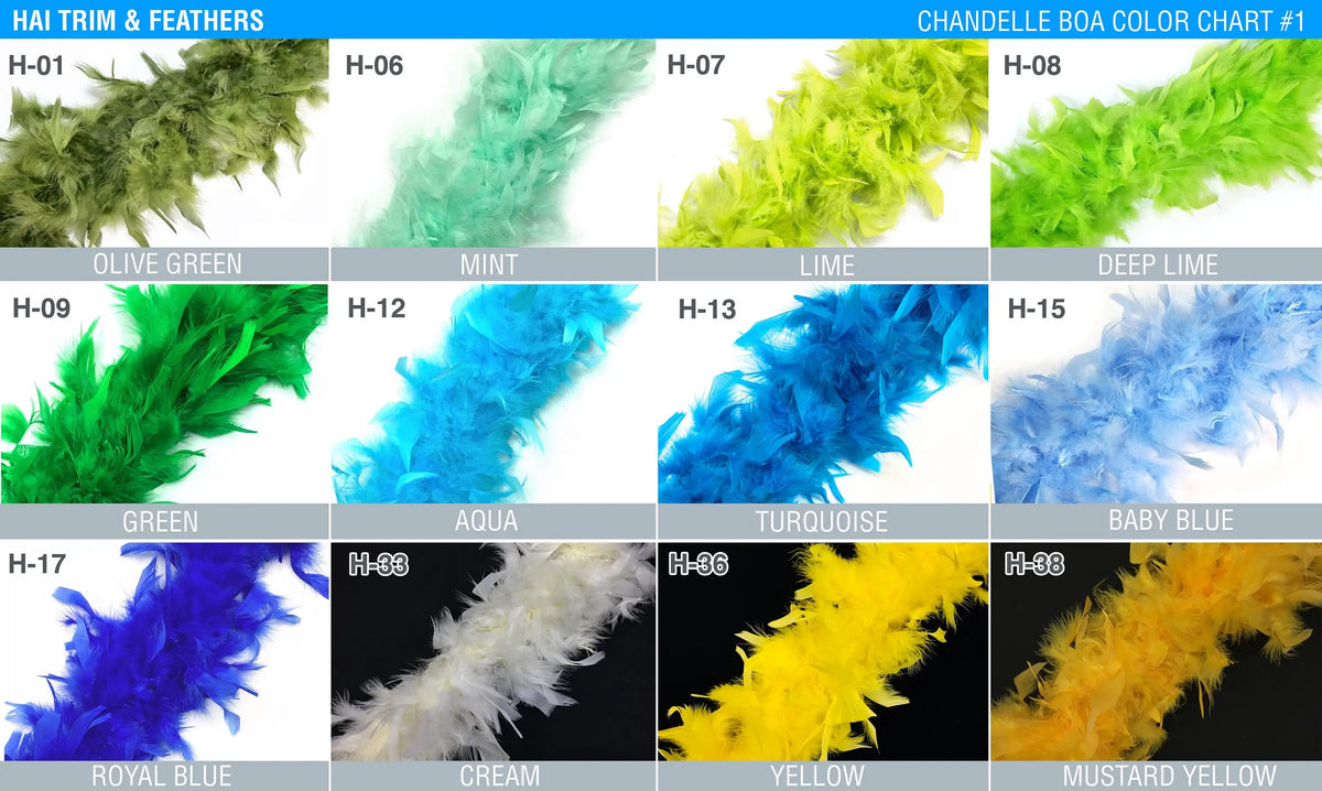 A chart displaying various shades of green, blue, and yellow feathers for costumes and crafts.