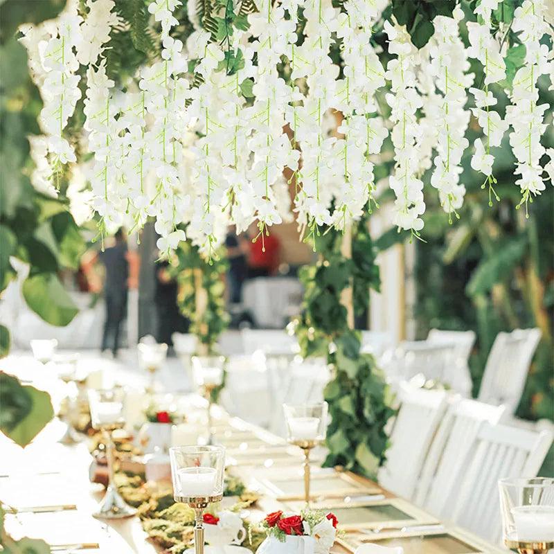 Guirlande de fleurs de wisteria artificielles blanches, décoration suspendue en extérieur