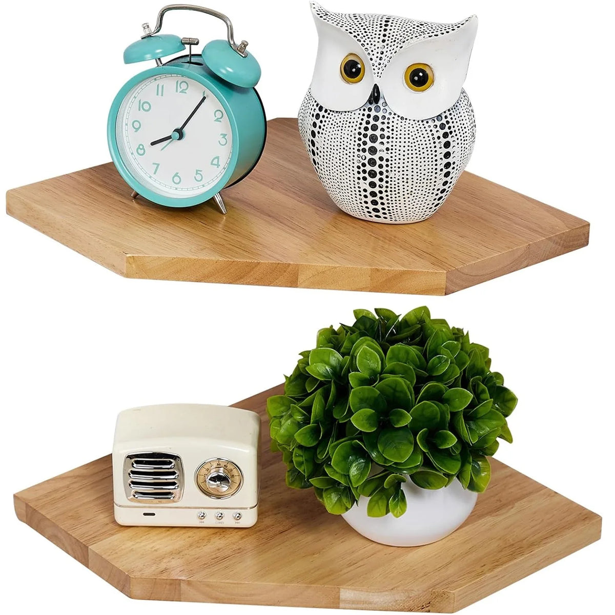 A set of two wall-mounted corner shelves featuring a vintage alarm clock and an owl decoration on natural wood display boards