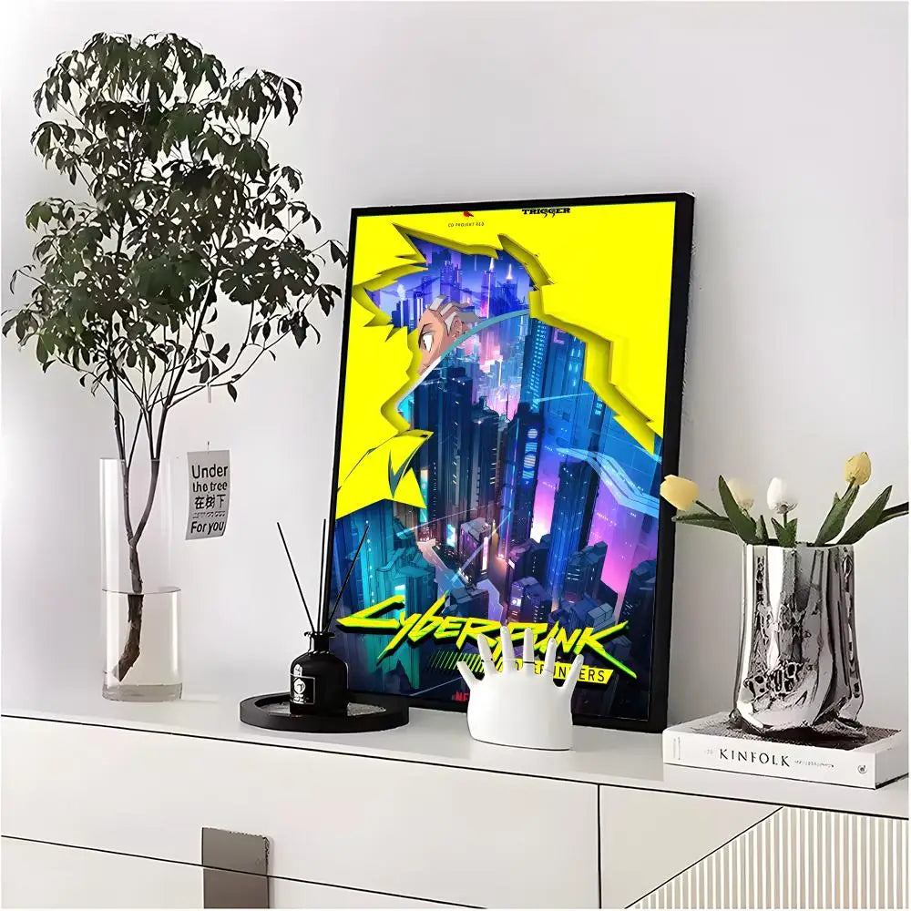 A poster featuring a neon cityscape and a character in a yellow and blue silhouette, displayed next to a potted plant.