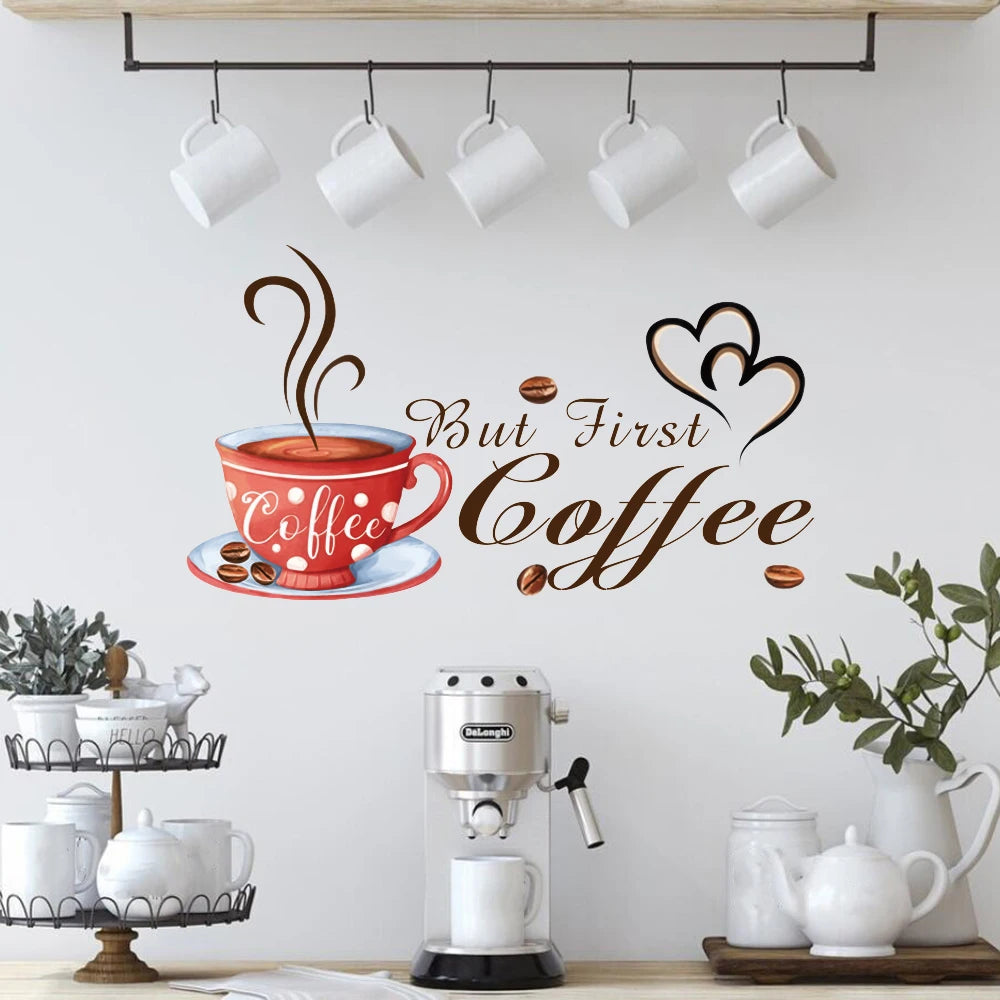Calcomanías de pared con diseño de taza de café y el texto "Pero primero café"
