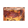 Fantasy art collectible trading card featuring a dragon in a dark, fiery setting.