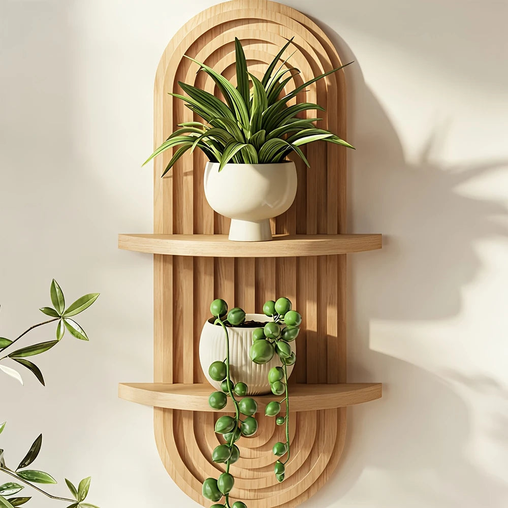A wooden arc wall shelf set featuring three floating shelves displaying potted green plants.