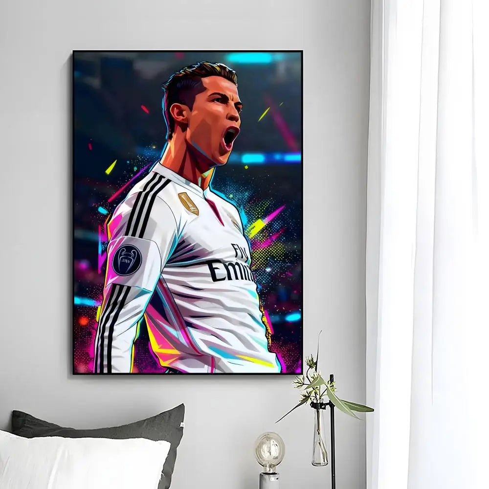 A modern wall art print featuring a portrait of Cristiano Ronaldo celebrating with intense emotion.
