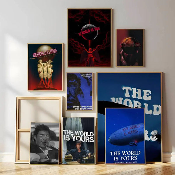A gallery wall featuring various posters and prints related to the movie Scarface, including a large central piece.