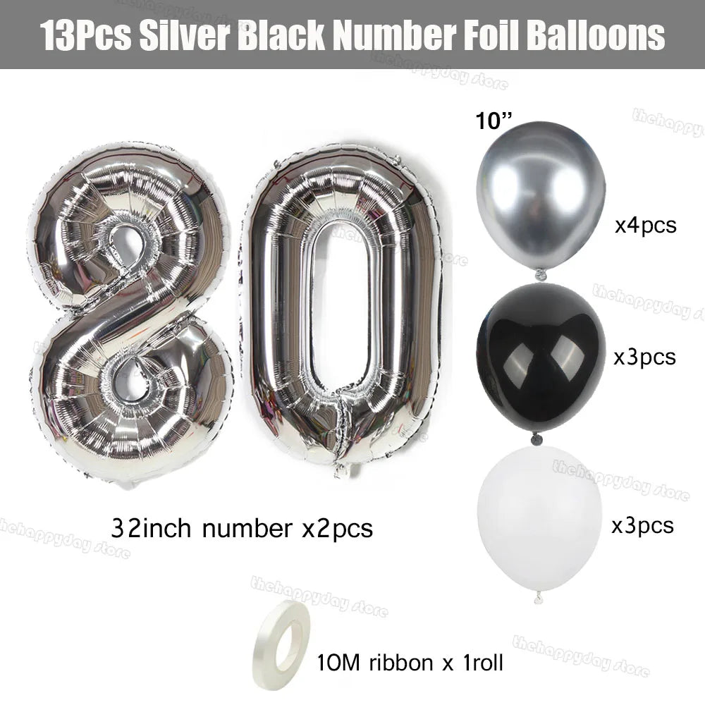 Silver and black number foil balloons including 13 pieces and ribbon for celebrations