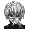 Black and white ink drawing of a male character with spiky silver hair covering his face