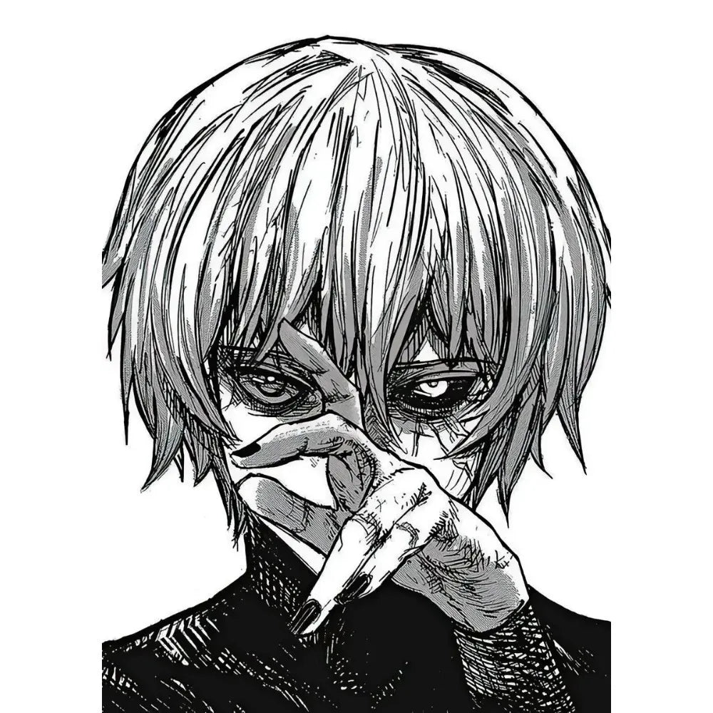 Black and white ink drawing of a male character with spiky silver hair covering his face
