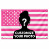 Pink and white striped flag featuring a silhouette of a woman with a question mark, for custom photo decor.
