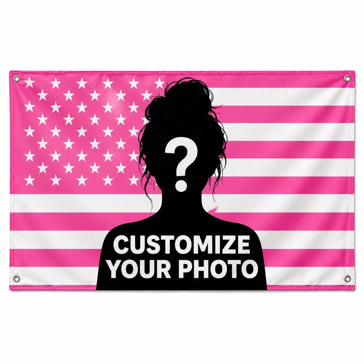 Pink and white striped flag featuring a silhouette of a woman with a question mark, for custom photo decor.