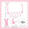 Pink heart over-the-door hook rack with five hooks and accessories shown in a diagram