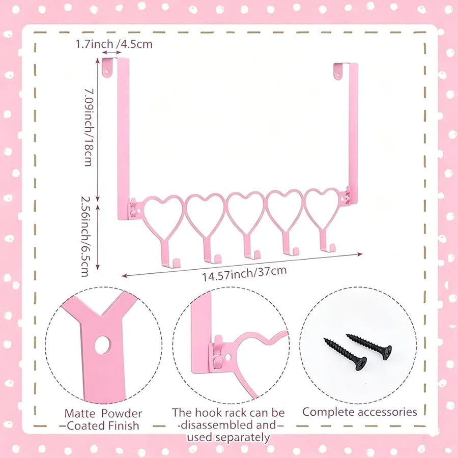 Pink heart over-the-door hook rack with five hooks and accessories shown in a diagram