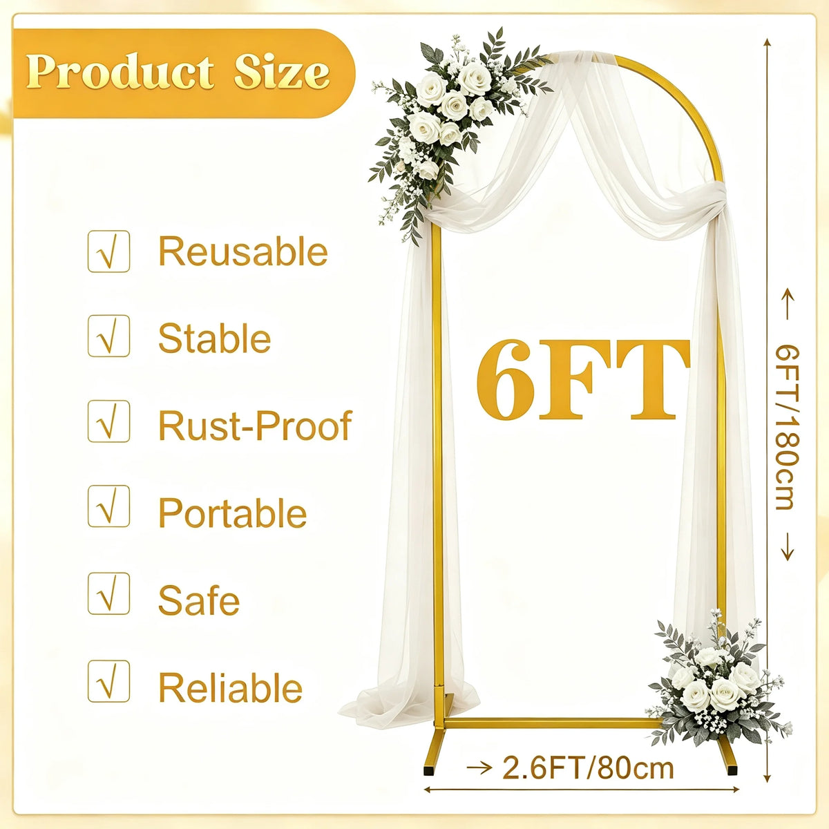 Gold metal arch backdrop stand with sheer white draping and floral arrangements for events