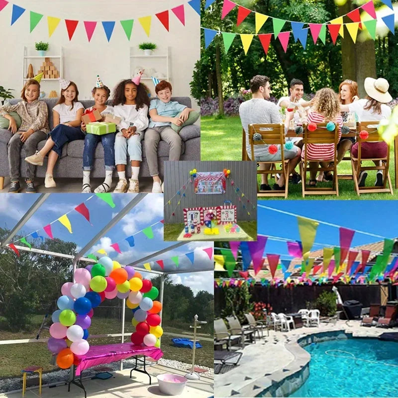 A colorful pennant banner strung across a garden or outdoor setting for a party.