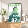 A poster featuring the text BLEACH and an anime character with green hair against a white background.