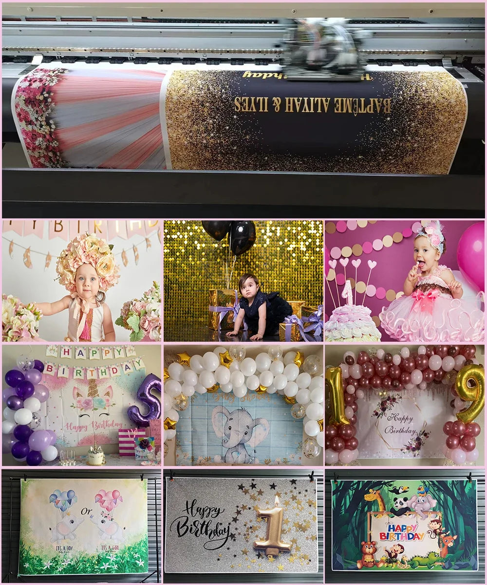 A collection of various gold cross first communion photography backdrops featuring floral and glitter designs.