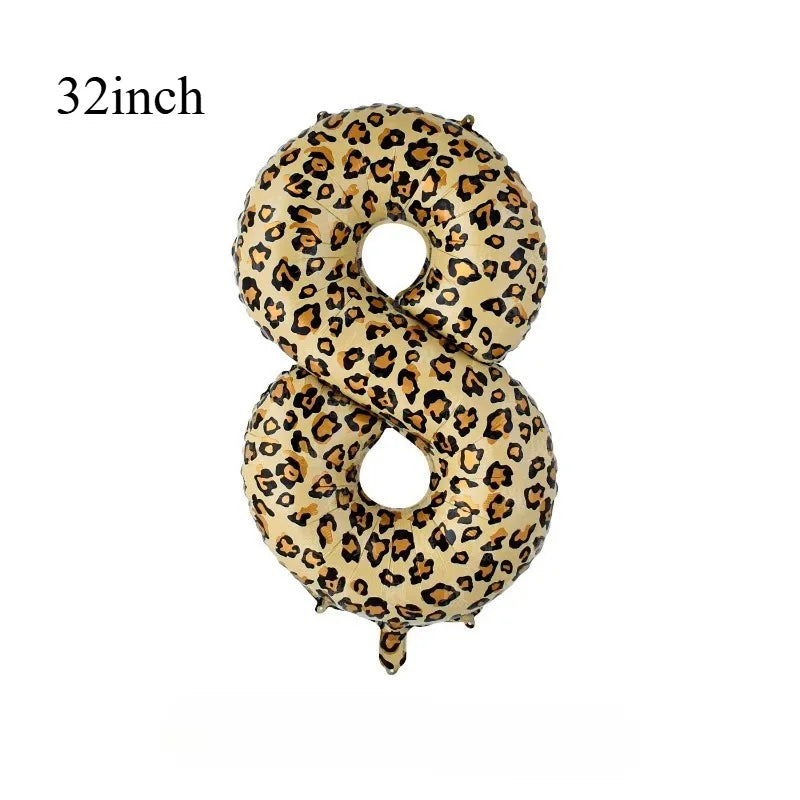 A large number eight balloon covered in a leopard print pattern.