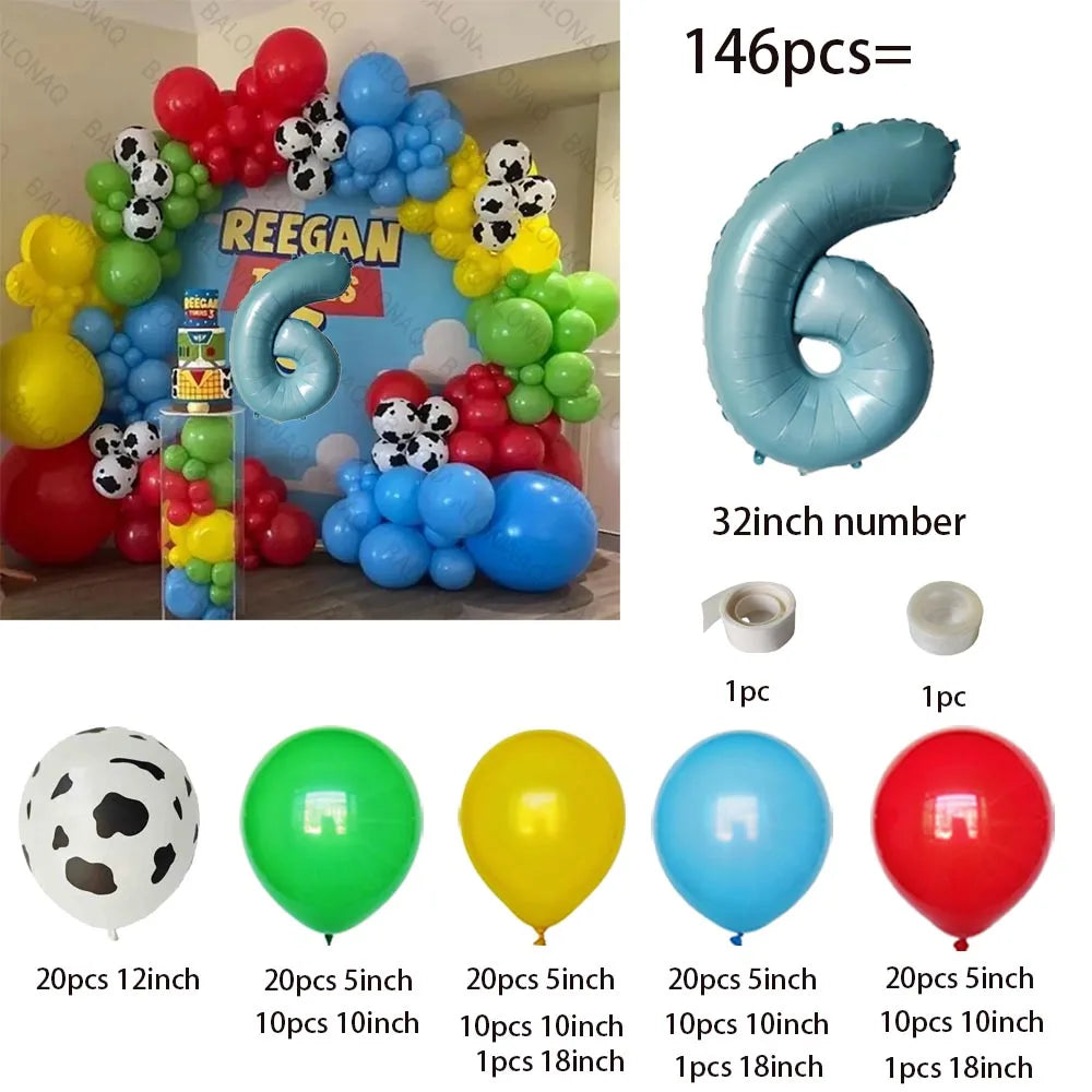 A colorful latex balloon garland kit featuring balloons in red, blue, and green colors.