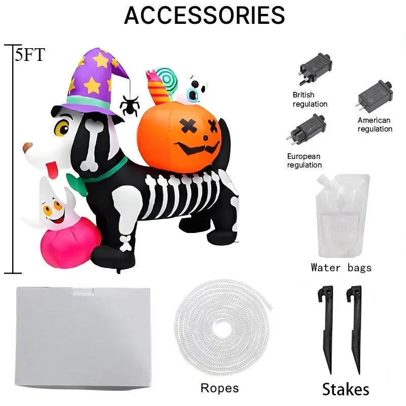 Halloween inflatable skeleton dog with pumpkin and LED lights accessories including water bags ropes and stakes