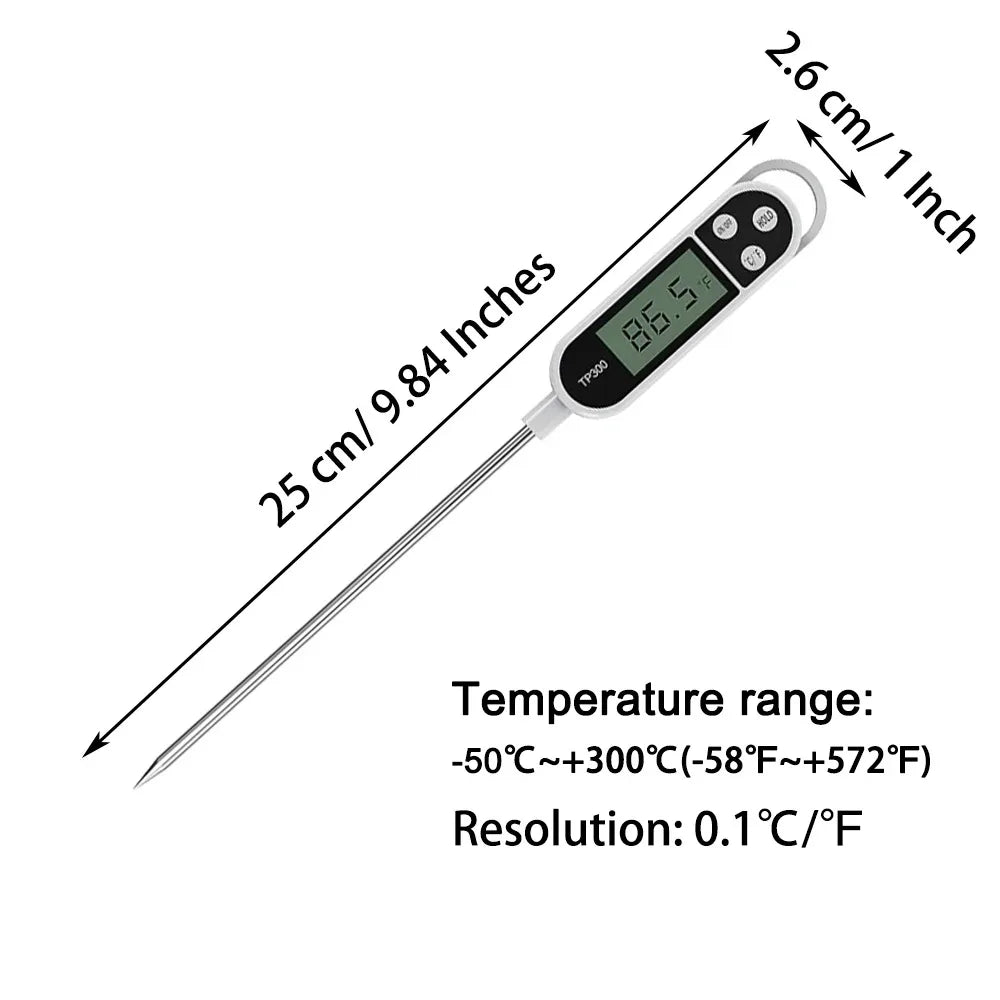 A long, thin digital thermometer with a temperature range of -50°C to +300°C and a resolution of 0.1°C/°F.