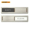 Stainless steel sign magnet with two sections labeled DIRTY and CLEAN for dishwasher use