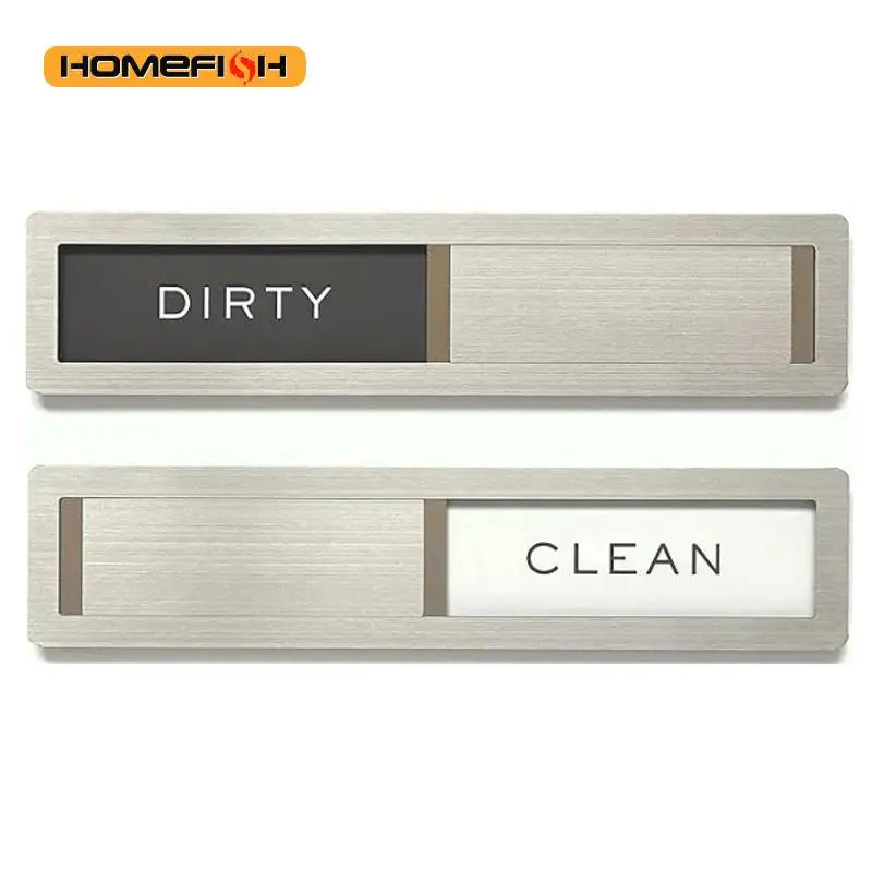 Stainless steel sign magnet with two sections labeled DIRTY and CLEAN for dishwasher use