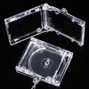 A clear plastic mini CD keychain is shown open, revealing a transparent disc and a chain attachment.