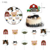A kit for a farm ranch birthday party decoration including a backdrop, tableware, and balloons.