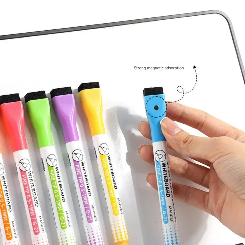 A hand holds a pack of whiteboard markers with fine tips in various colors, demonstrating strong magnetic adsorption.
