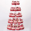 Klares Acryl-Mehrstöck-Display mit vielen Cupcakes mit rosa Glasur und grüner Dekoration