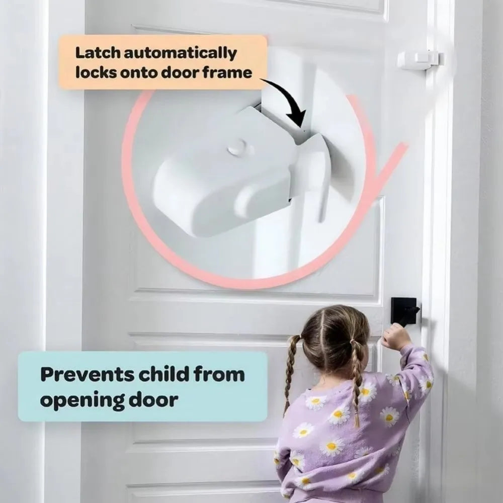 A white door lock mechanism is shown automatically latching onto a door frame, preventing a child from opening the door.