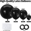 Black latex balloons in various sizes and quantities with white glue points and ribbon.