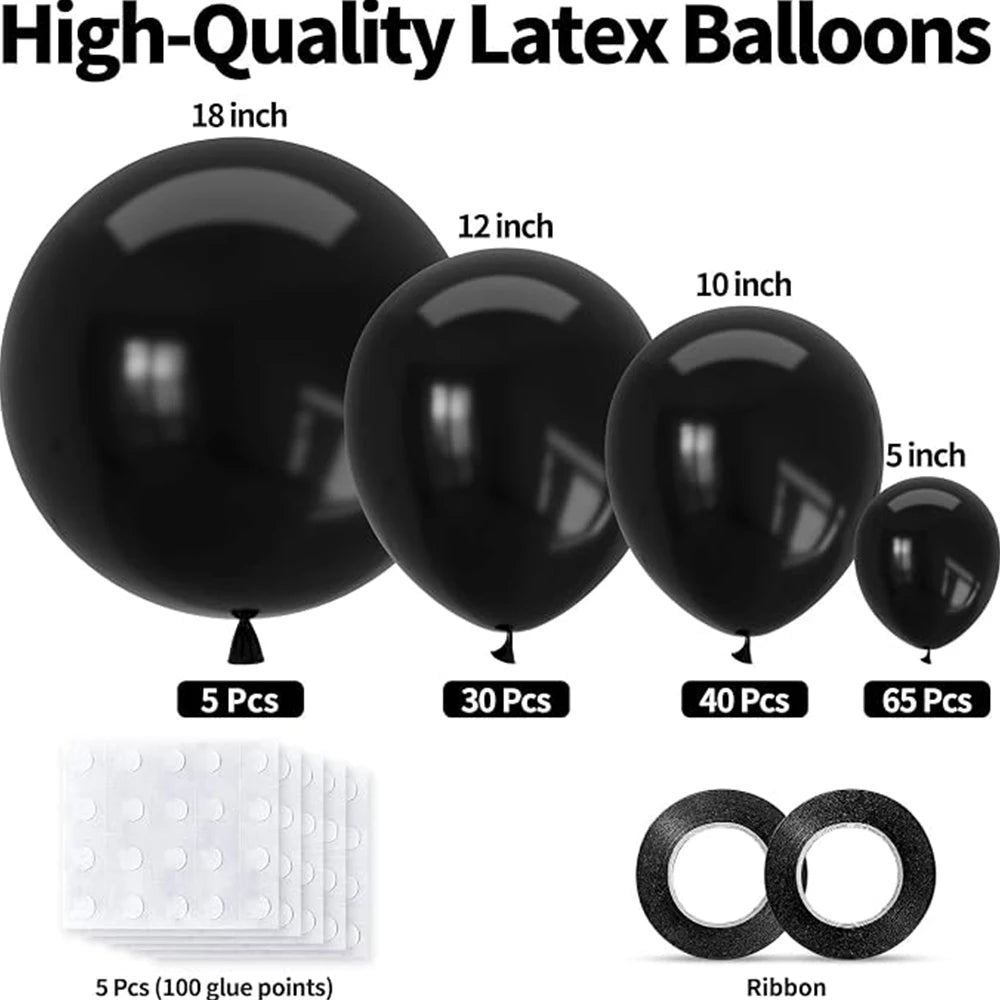 Black latex balloons in various sizes and quantities with white glue points and ribbon.