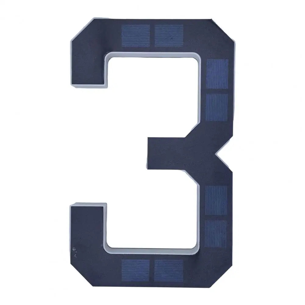 A dark blue solar LED house number sign shaped like the number three with automatic dusk-to-dawn lighting.