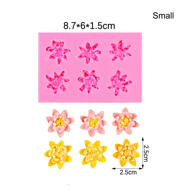 A pink silicone mold with multiple flower shapes for cake decorating, shown alongside finished yellow flowers.