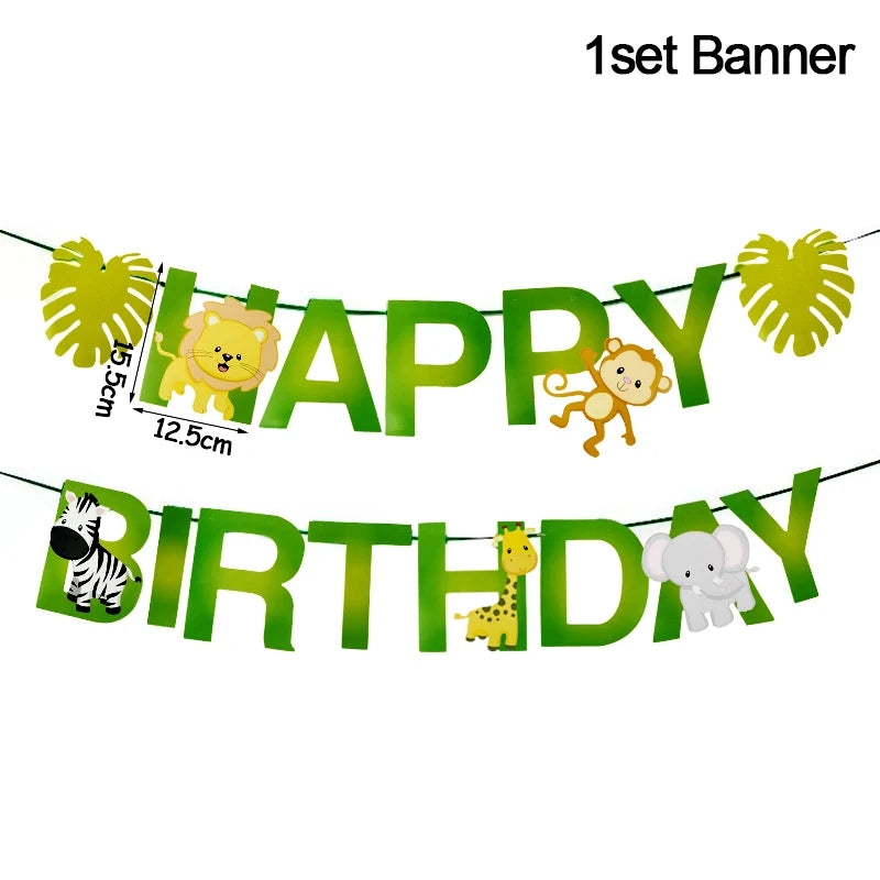 A set of green banner letters spelling HAPPY BIRTHDAY decorated with jungle animals like a lion, monkey, giraffe, and elephan