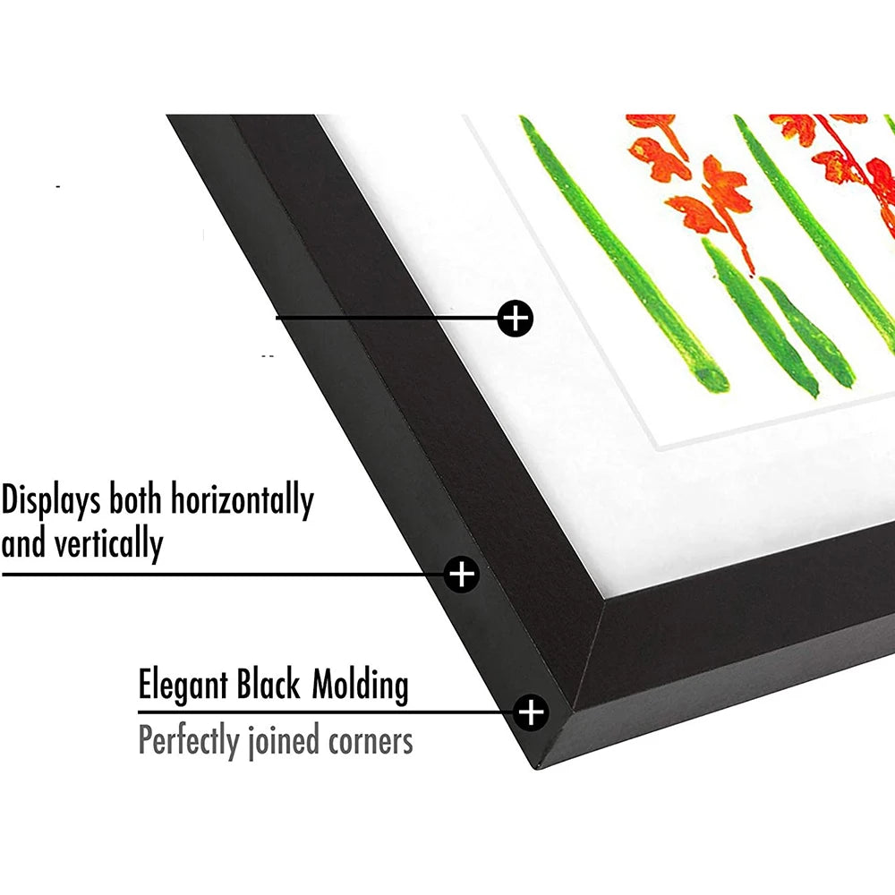 A black molding frame displays art horizontally and vertically, showing perfectly joined corners.