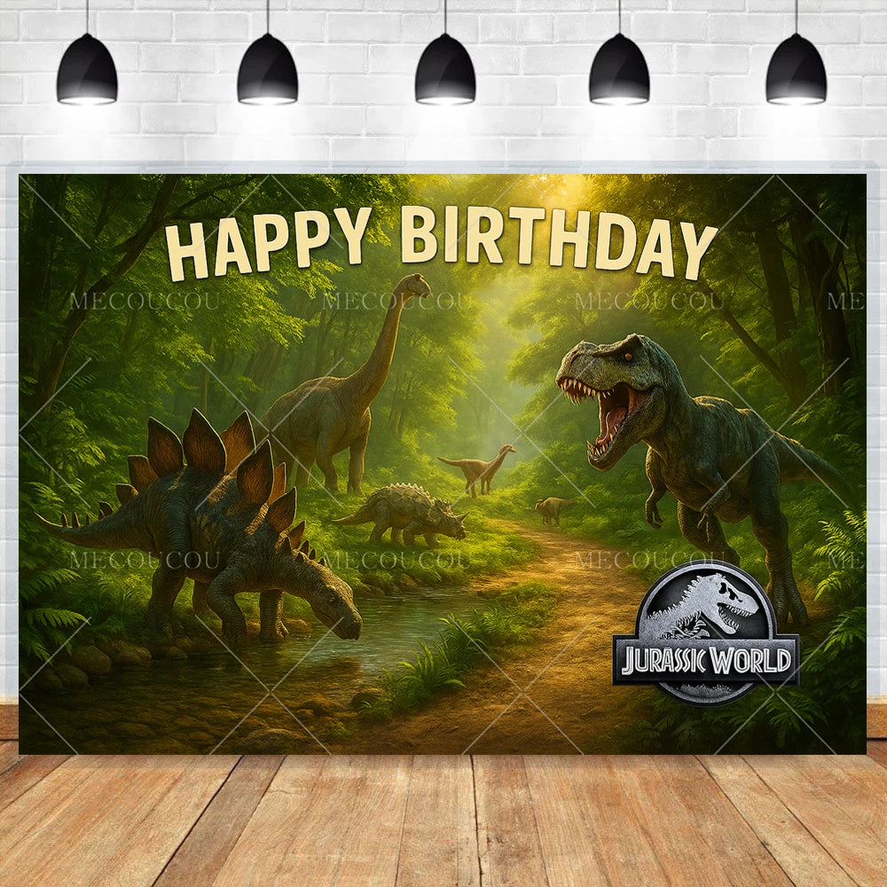 A vibrant jungle scene featuring dinosaurs celebrating a happy birthday with a golden sun background.