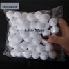A hand holds a clear plastic bag filled with 50 white polystyrene foam balls, measuring 2.5 cm each.