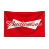 A red fabric flag featuring the white Budweiser logo across the center.