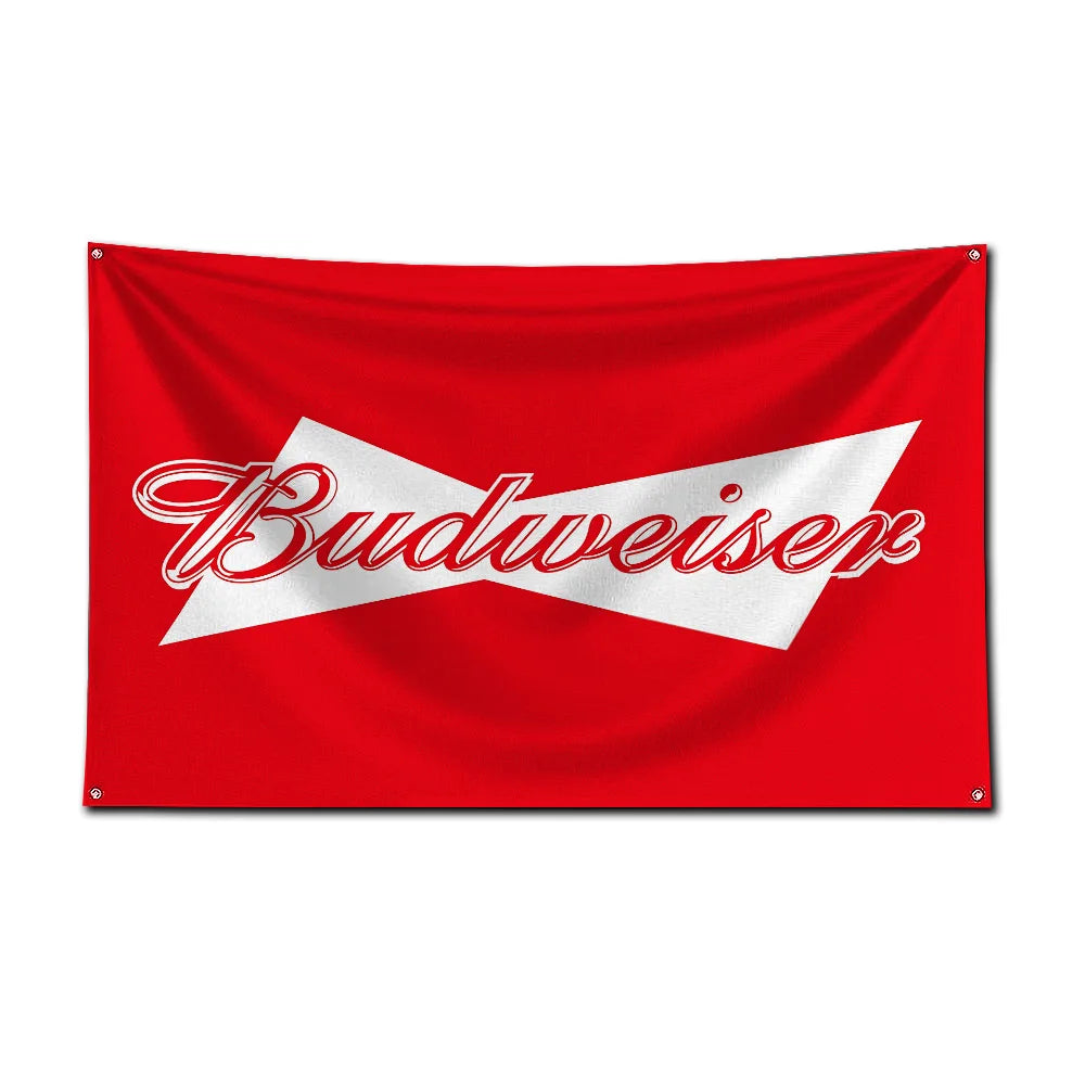 A red fabric flag featuring the white Budweiser logo across the center.