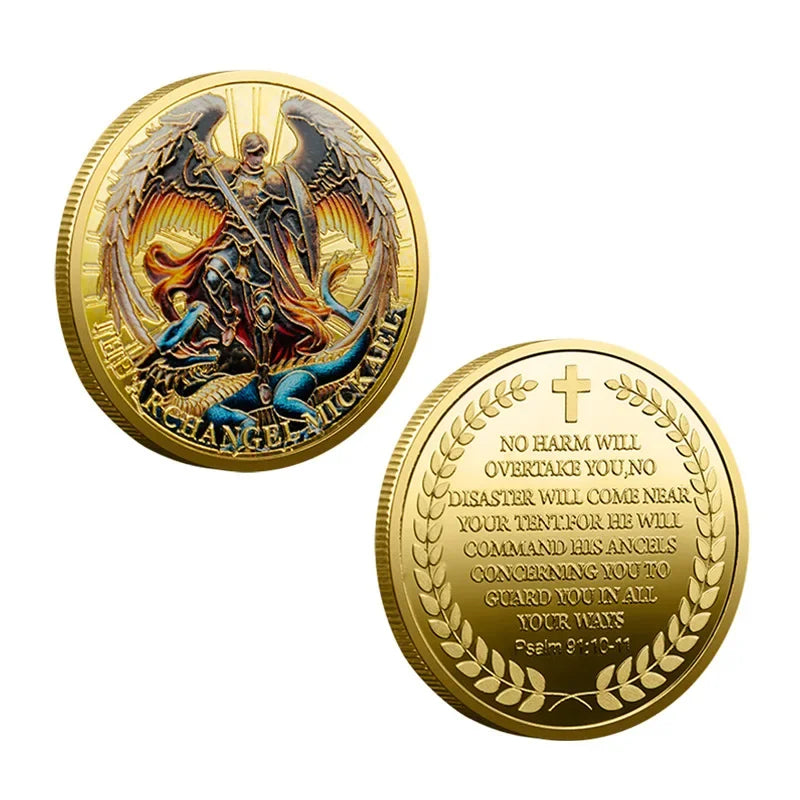 A round gold-plated collectible coin featuring a depiction of Archangel Michael with wings and a sword.