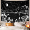 A dark tapestry depicting a starry night landscape with mountains, water, and trees in white and black.
