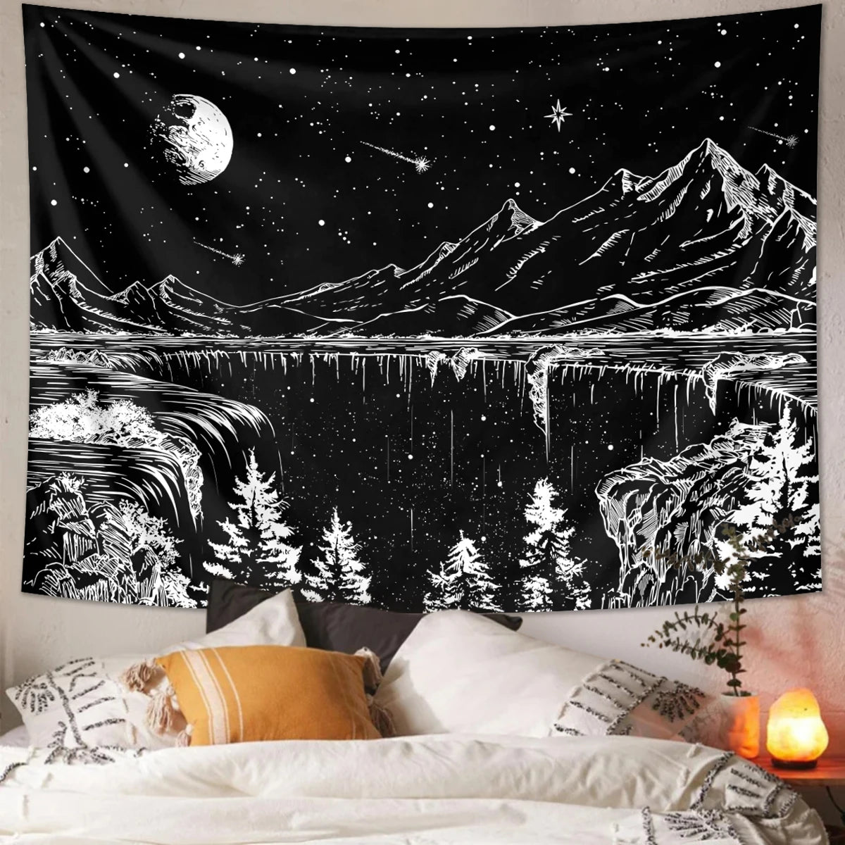 A dark tapestry depicting a starry night landscape with mountains, water, and trees in white and black.