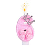 Pink bow crown number birthday candles set with a lit candle and sparkling crown detail