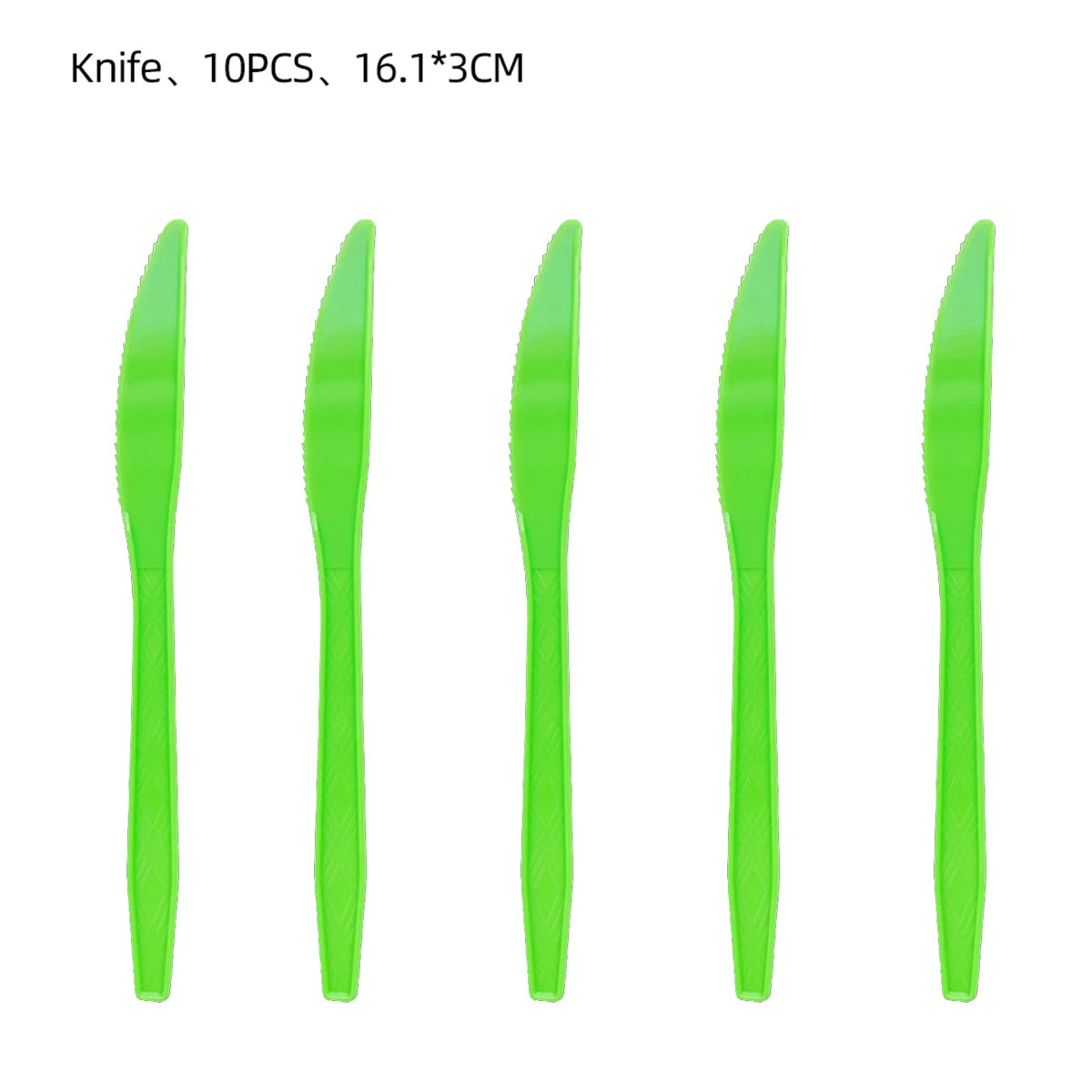 Ten pieces of bright green knives with 16.1 cm blades shown vertically