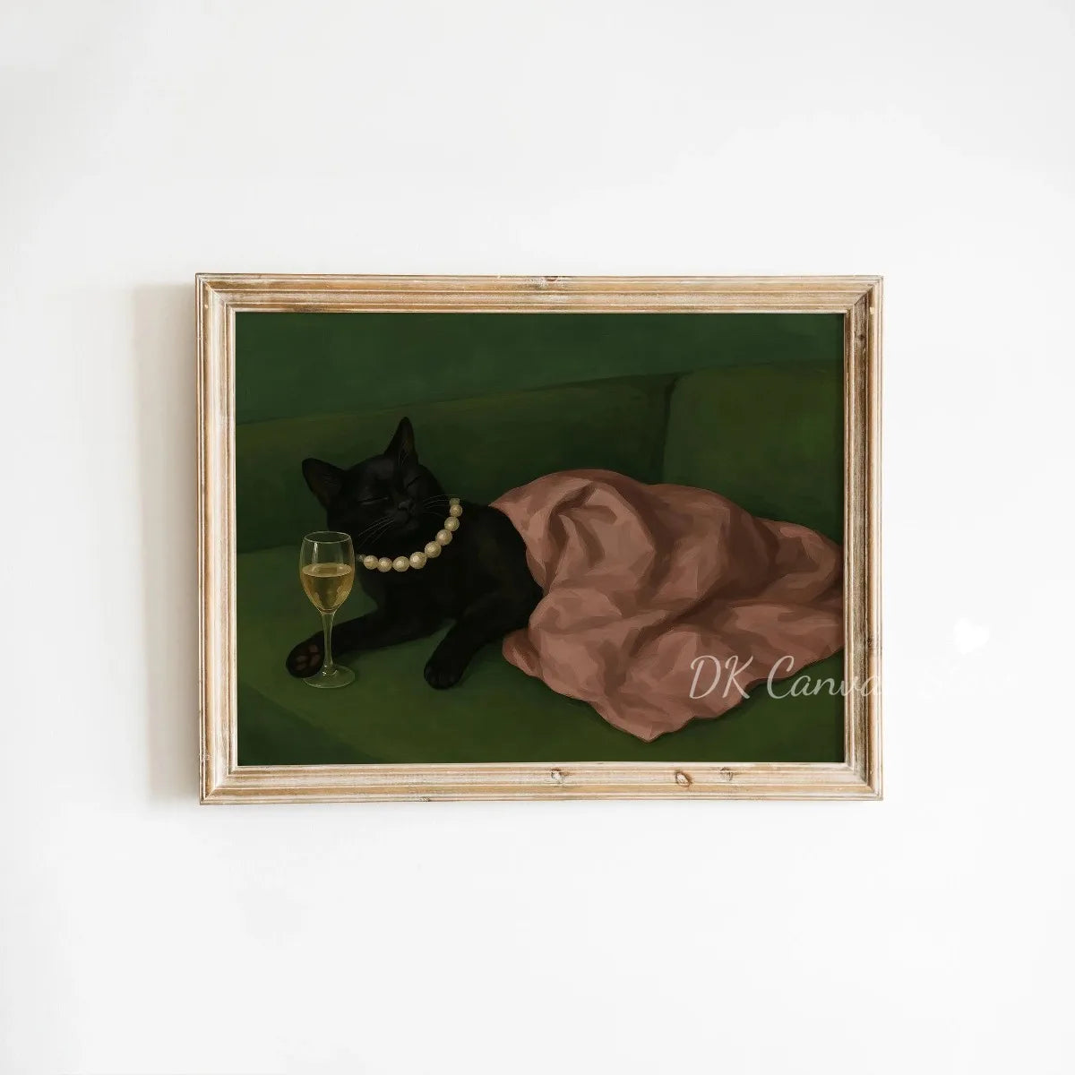 Canvas art print featuring a black cat resting on a pink fabric against a dark green background.