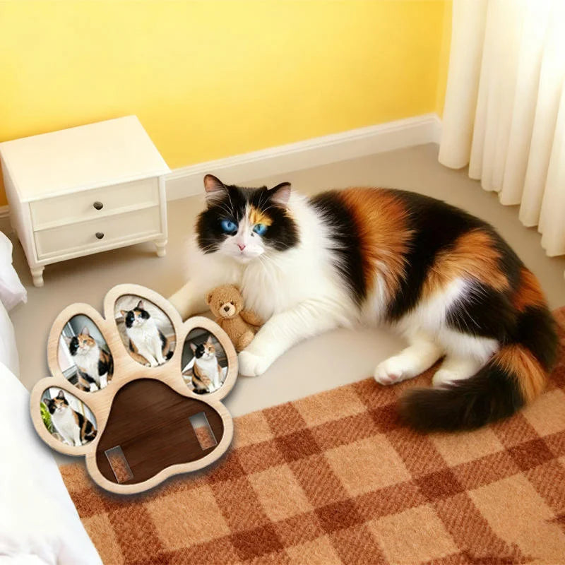 A cat lying on a brown plaid rug next to a wooden paw-shaped frame for pet memorial.