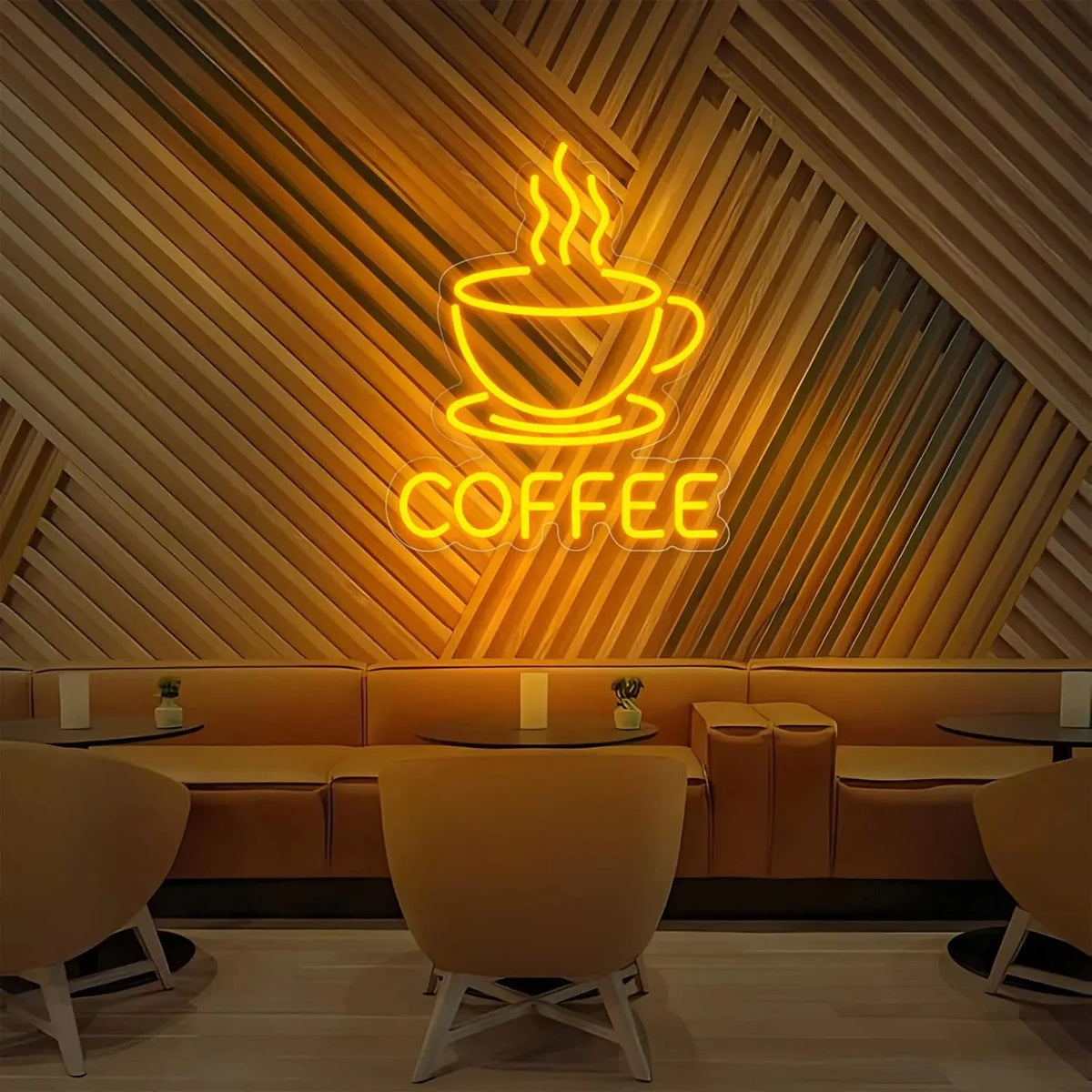 A modern interior featuring a neon sign shaped like a steaming cup of coffee mounted on a wooden wall.