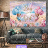 A framed poster featuring a boy or girl theme with balloons and teddy bears against a pink and blue background.